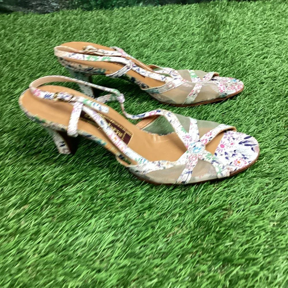 Jack Rogers Vintage Heeled Leather Sandal Floral Pastel 7M